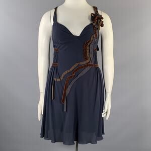 MOSCHINO Size 12 Navy Brown Silk Ribbon Dress